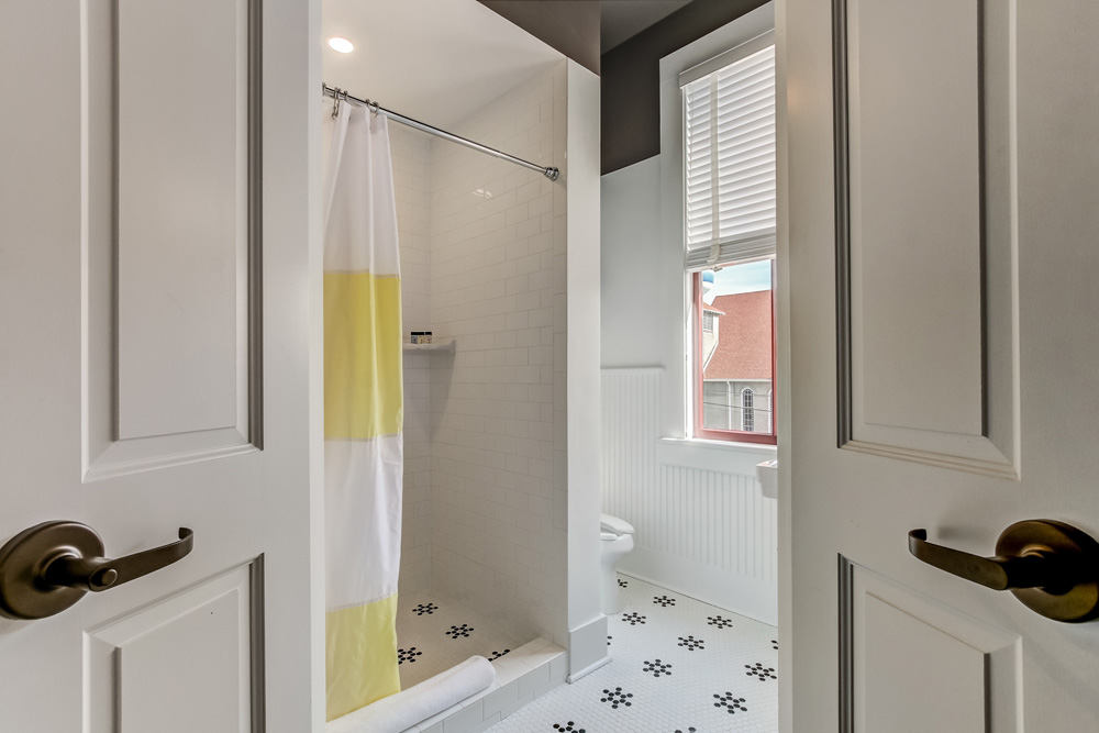 The classic king suite features a bright, clean bathroom